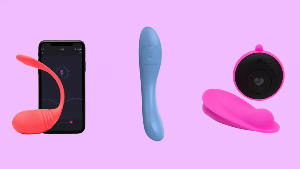 Three music sex toys (the Lovehoney Juno Rechargeable Music-Activated Panty Vibrator, the Lovers Svakom Ava Neo App Controlled Thrusting G-Spot Vibrator and the Lovehoney Juno Rechargeable Music-Activated Vibrating Butt Plug) in front of a pink background.
