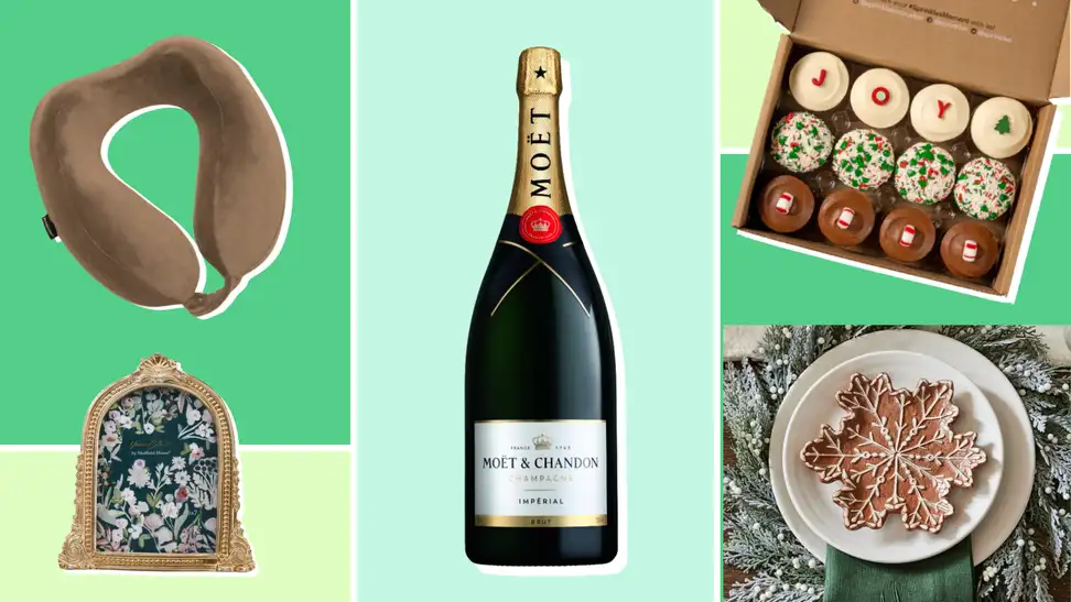 An assortment of hostess gifts on a green background including a travel pillow, picture frame, bottle of champagne, box of cupcakes, and a gingerbread plate.
