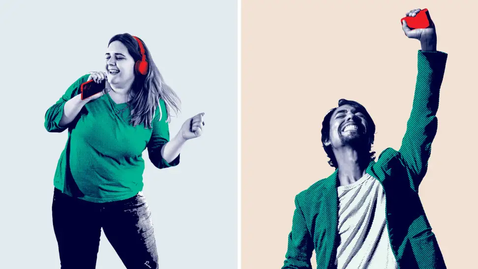 A stylized split-image of two joyful people celebrating—one dancing with headphones and a phone, the other raising their fist triumphantly.