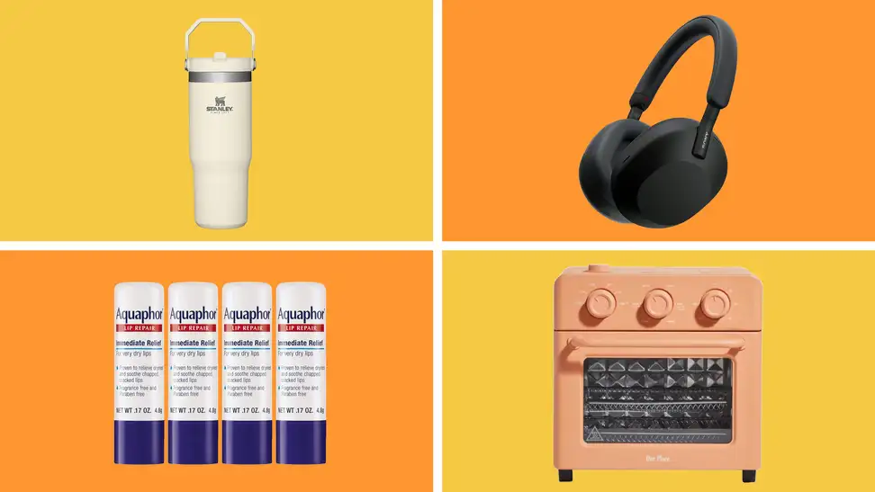 Stanley thermos, Our Place oven, Aquaphor lip balm, and Sony headphones on green background