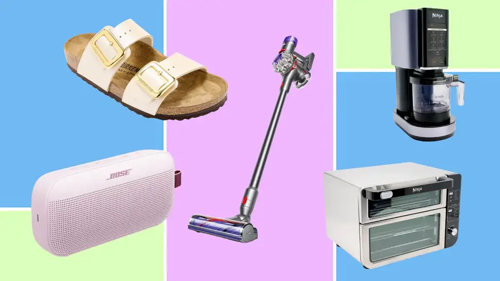 A collage of popular products including Birkenstock sandals, a Dyson vacuum, a Ninja coffee maker, a Ninja toaster oven, and a pink Bose speaker on colorful backgrounds.