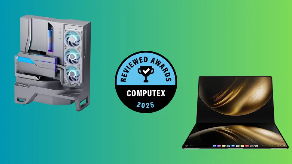 A desktop computer and a laptop sit on a green background with a round blue award badge in the center