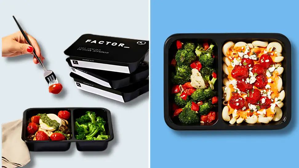 Image of Factor meals in black ready-to-heat containers, featuring broccoli, pasta, and cherry tomatoes.