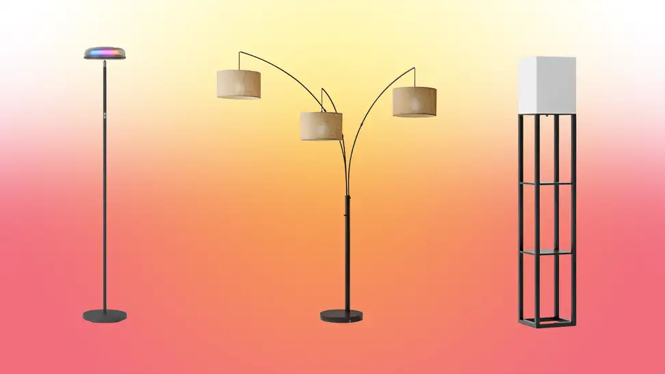 The floor lamps stand on a red background with a yellow glow center