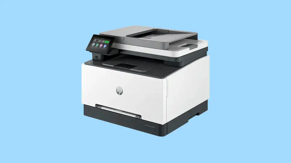 HP color laser printer on blue background