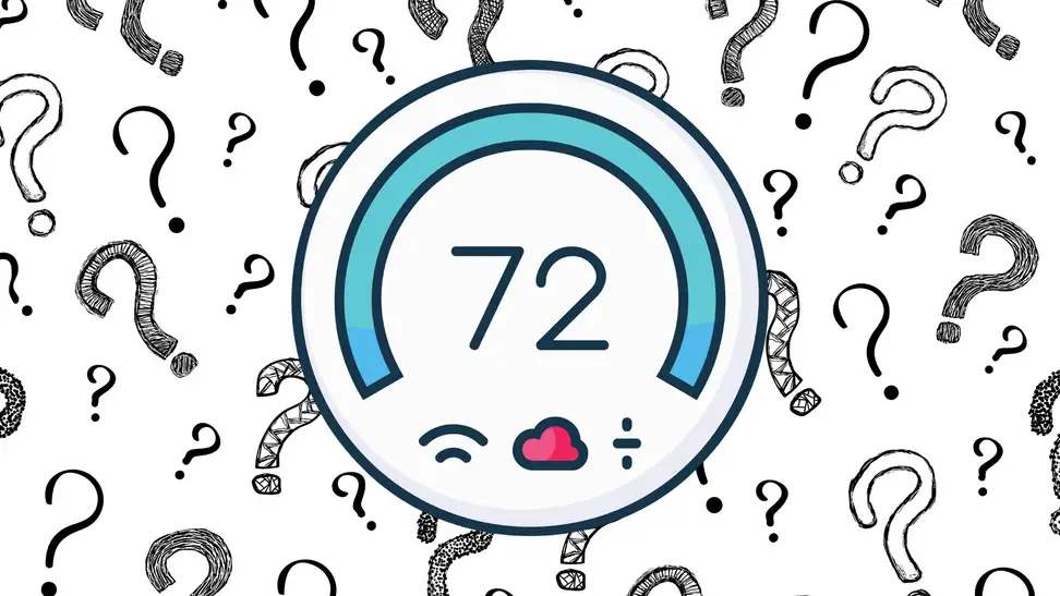 A drawing of a thermostat over a question mark patterened background