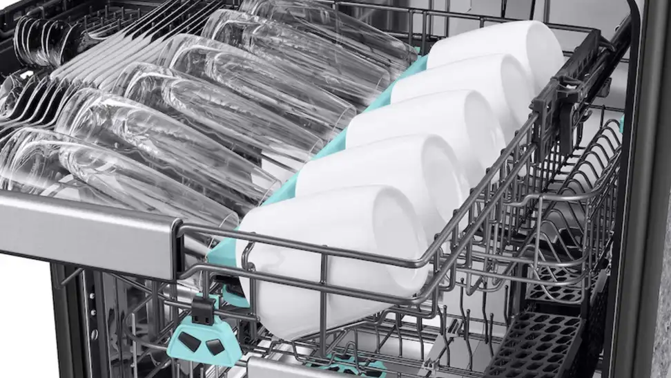 An open Samsung dishwasher with the 3rd rack pulled out to show cups and glasses, and the other 2 showing in the background.