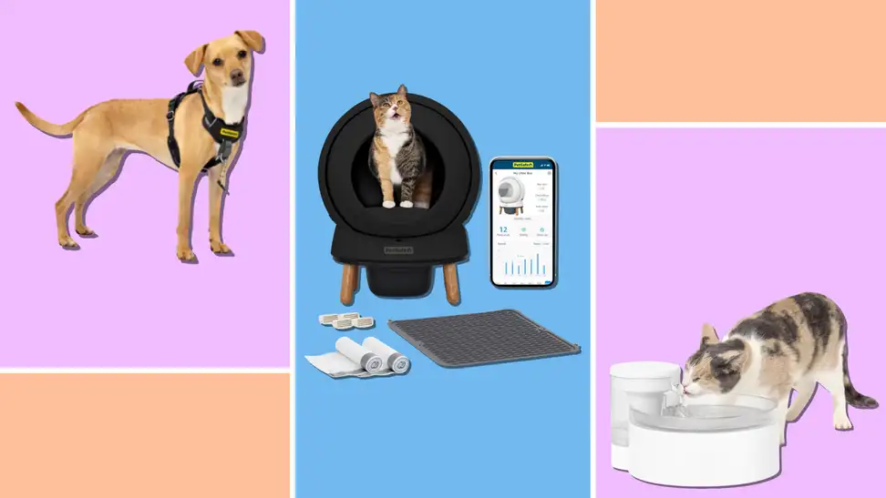 PetSafe pet parent gifts including a smart litter box, water fountain, and dog harness displayed with a cat and dog on colorful backgrounds.