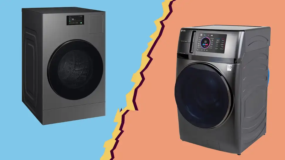 GE Profile Washer Dryer Combo and Samsung Bespoke AI Washer Dryer Combo on ripped paper background