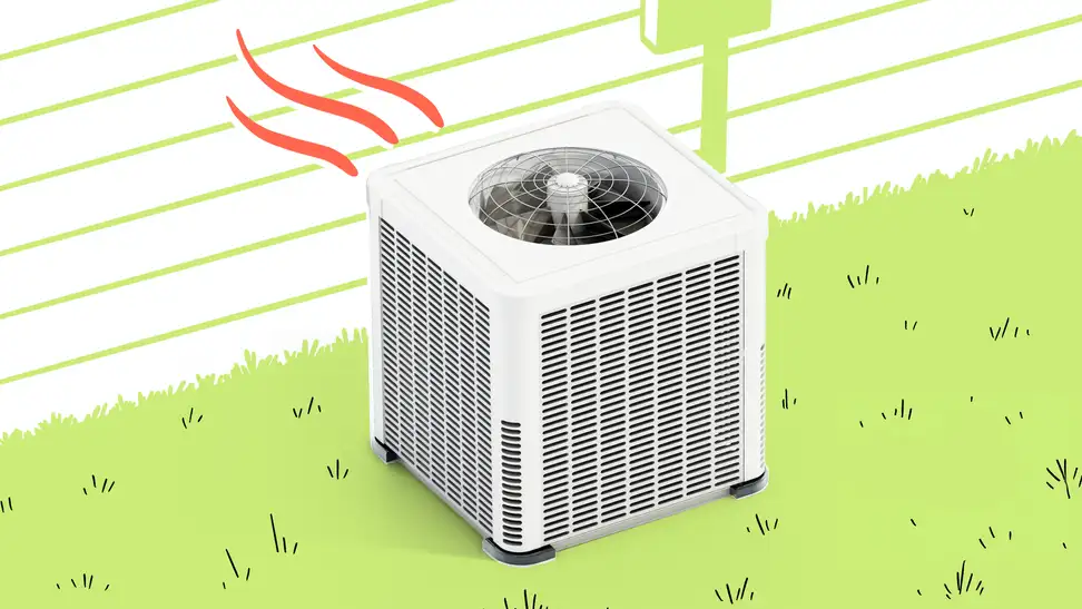 A cartoon heat pump on an illustration lawn against a house