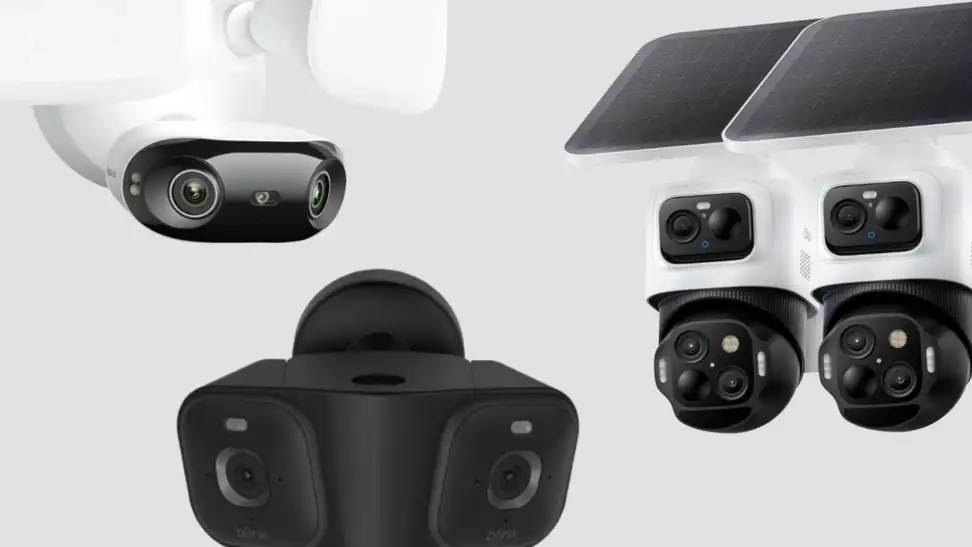 Three large sized security cameras on a gray background
