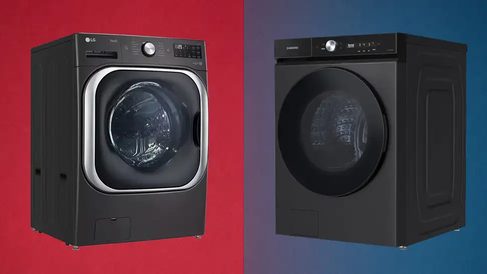 An LG washer on a red background and a Samsung washer on a blue background
