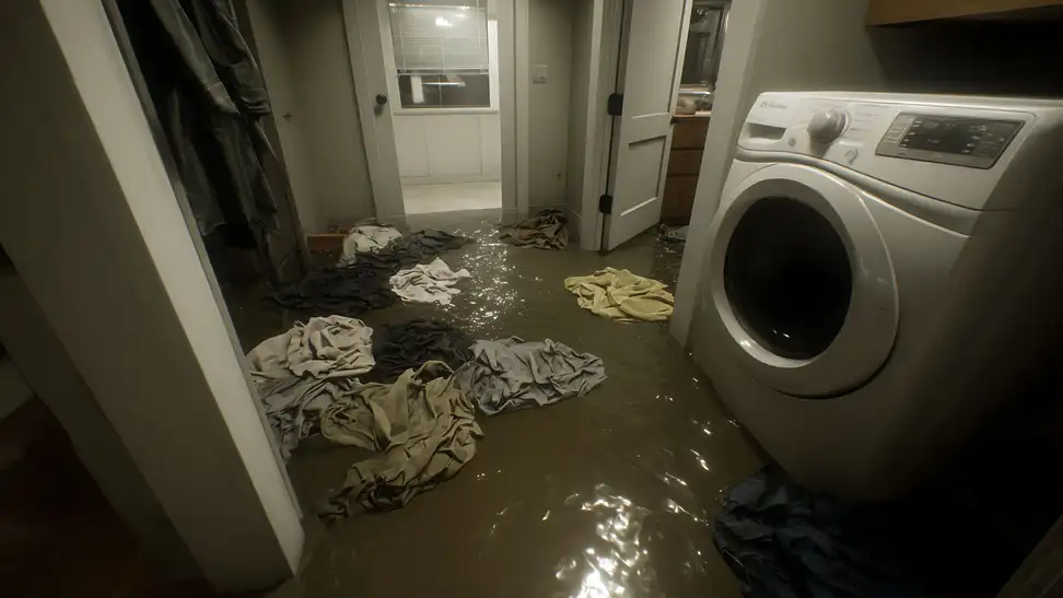 A flooded laundry room