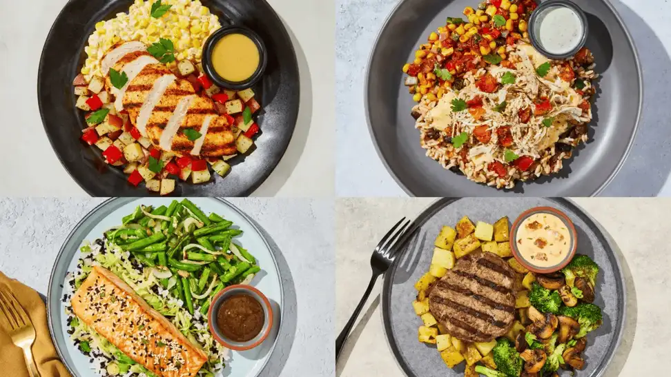 Factor is a high-protein meal delivery service that offers various spreads like paste, steak, and fish shown in the four-gridded plates.