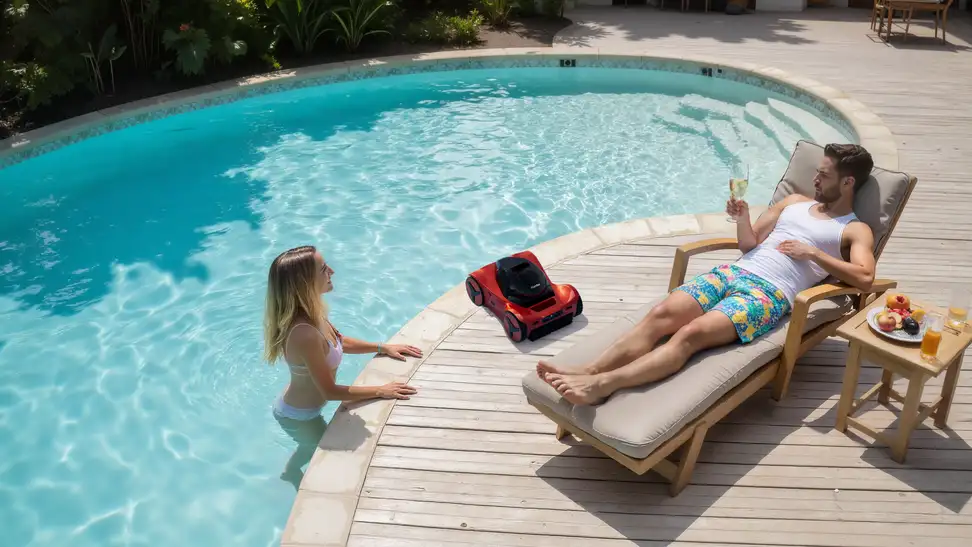 Best cordless robotic pool cleaner beside a backyard swimming pool while a couple relaxes outdoors on a sunny day.