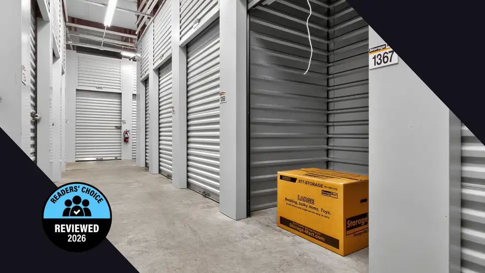 Reviewed's Readers' Choice Award nominee badge on top of an image of a storage facility