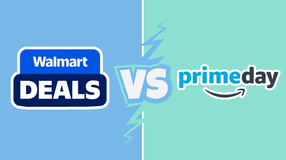 Split-screen graphic comparing Walmart Deals and Prime Day with a "vs" in the center, representing the Walmart Prime Day shopping showdown.