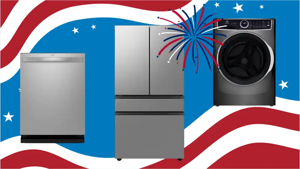 Stainless steel dishwasher, French-door refrigerator, and front-load washer displayed against a patriotic red, white, and blue background with fireworks graphics.