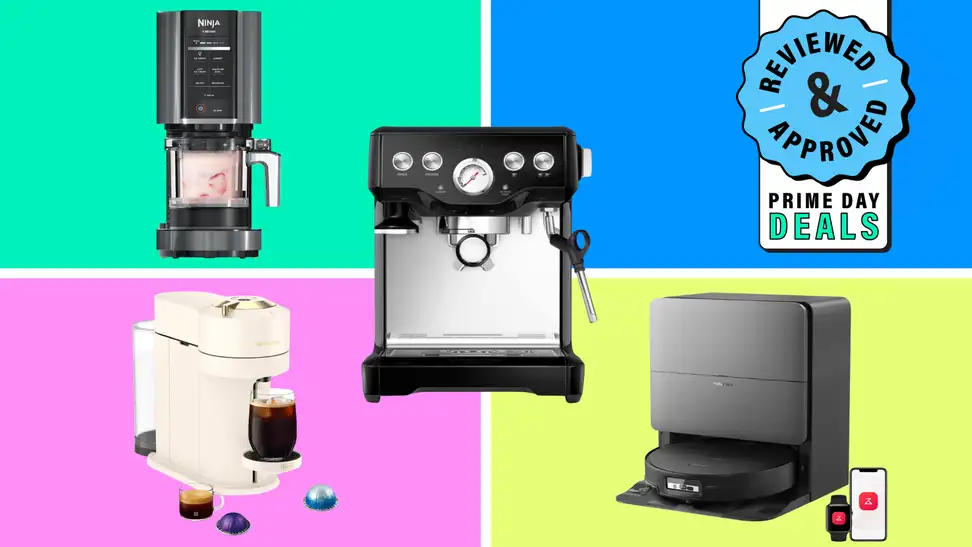 Promotional graphic highlighting Reviewed-approved Prime Day deals, featuring a Ninja Creami, Breville espresso machine, Nespresso coffee maker, and Roborock robot vacuum against colorful background panels.