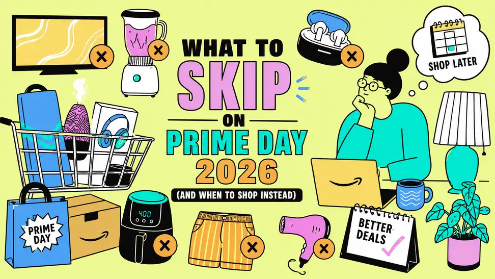 An illustration of a person on a laptop on a yellow background surrounding by product icons like air fryers, clothes, and blenders, each with an X on them