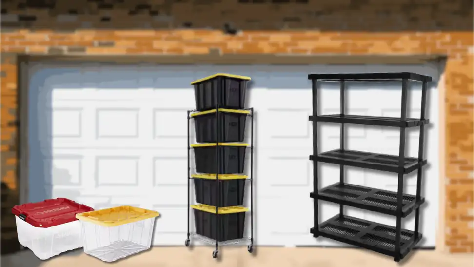 Assortment of garage organization products, including storage totes, stackable bin racks, and freestanding shelving units, displayed in front of a residential garage to showcase home storage and organization options.