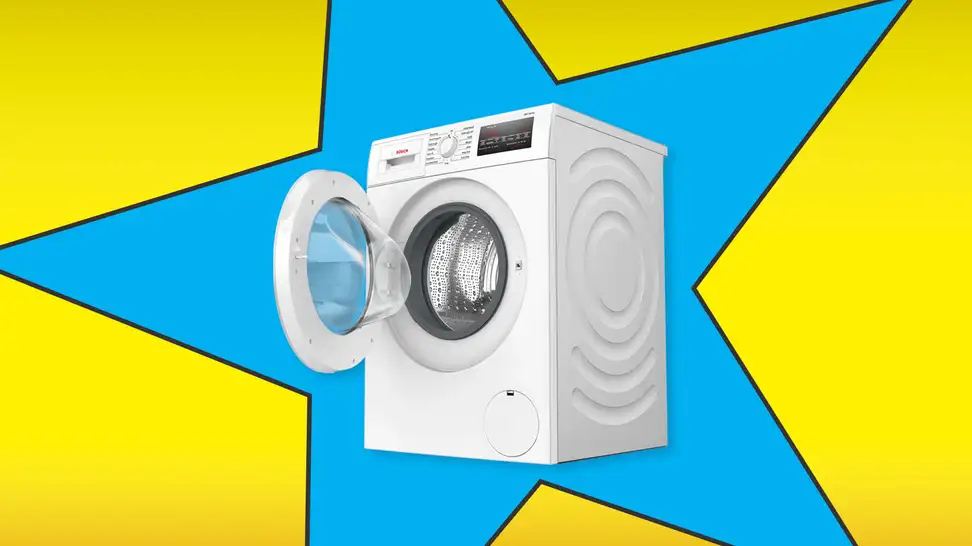 A washing machine inside a star frame on a yellow background