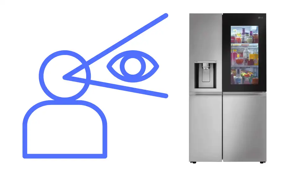 A graphic of a person with an eye looking an an Instaview refrigerator