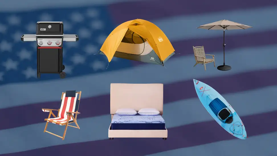 Illustration of outdoor products including a grill, tent, patio furniture, beach chair, mattress, and kayak against an American flag background.