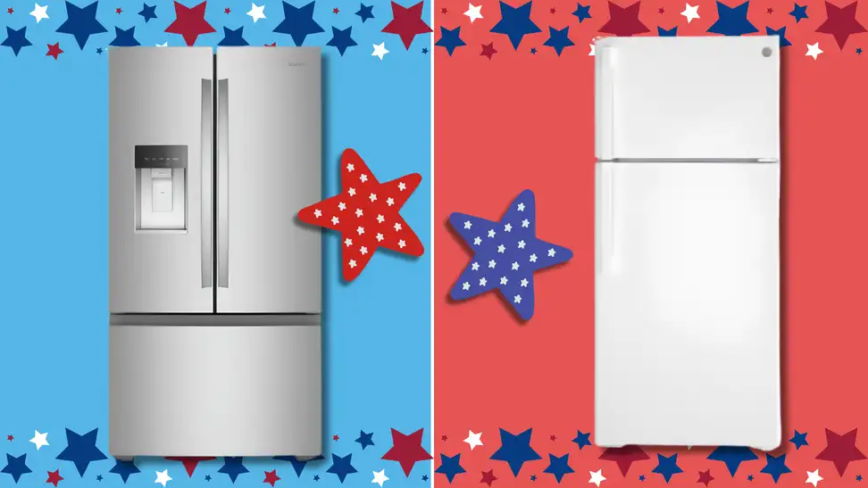Side-by-side comparison of a French door refrigerator and a top-freezer refrigerator with a patriotic stars-and-stripes background.