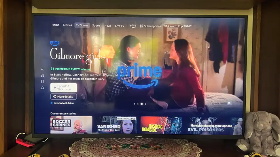Prime Video home screen displayed on a television, showing content included with an Amazon Prime subscription.