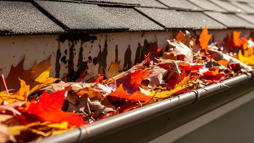 Clogged gutter full of fall leaves under roof