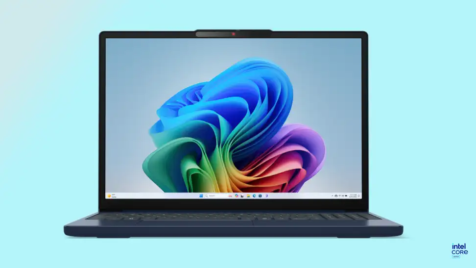 A Lenovo IdeaPad Slim 3i open on a blue background with swirling colors on the desktop