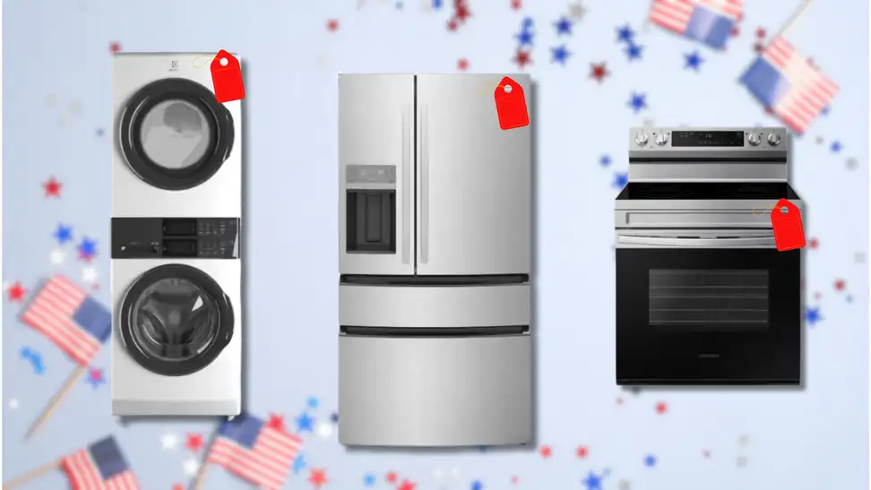 Appliances with red price tags on a patriotic star and flag background, promoting Labor Day appliance deals.