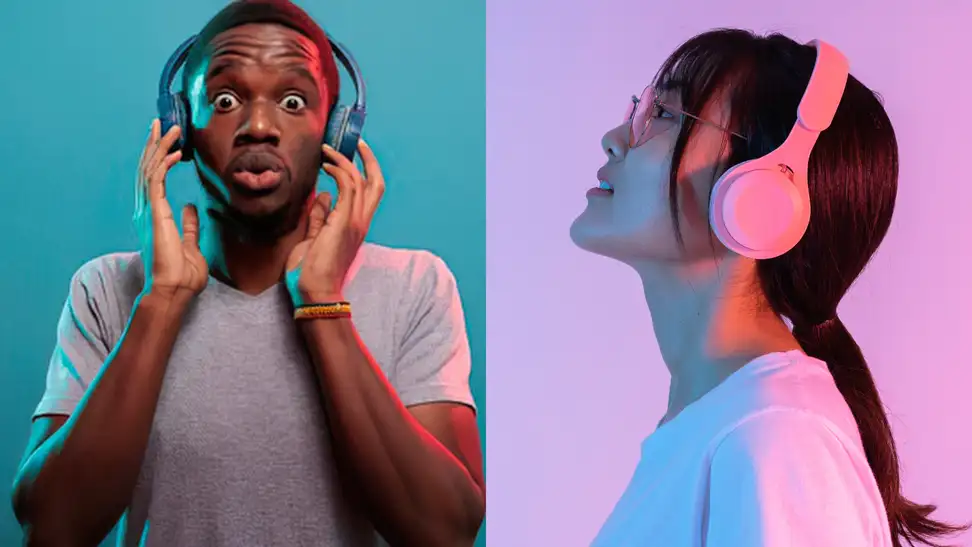 Two people listen to music through over-the-ear headphones