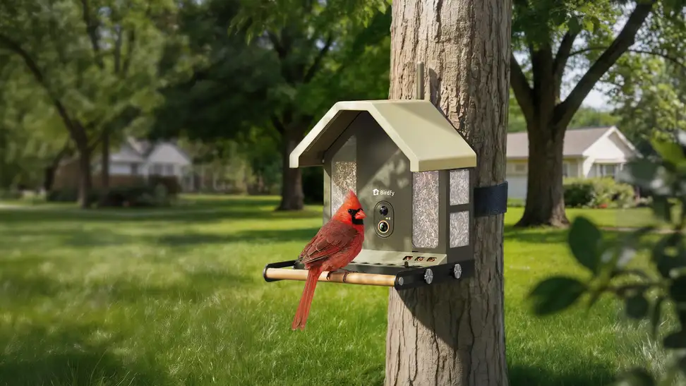 A smart bird feeder mounted on a tree trunk with a red cardinal perched on its tray.