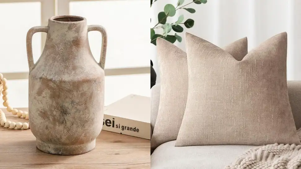 A tan terracotta vase sits on a light wood table. The next image is two tan chenille throw pillows on a beige couch.