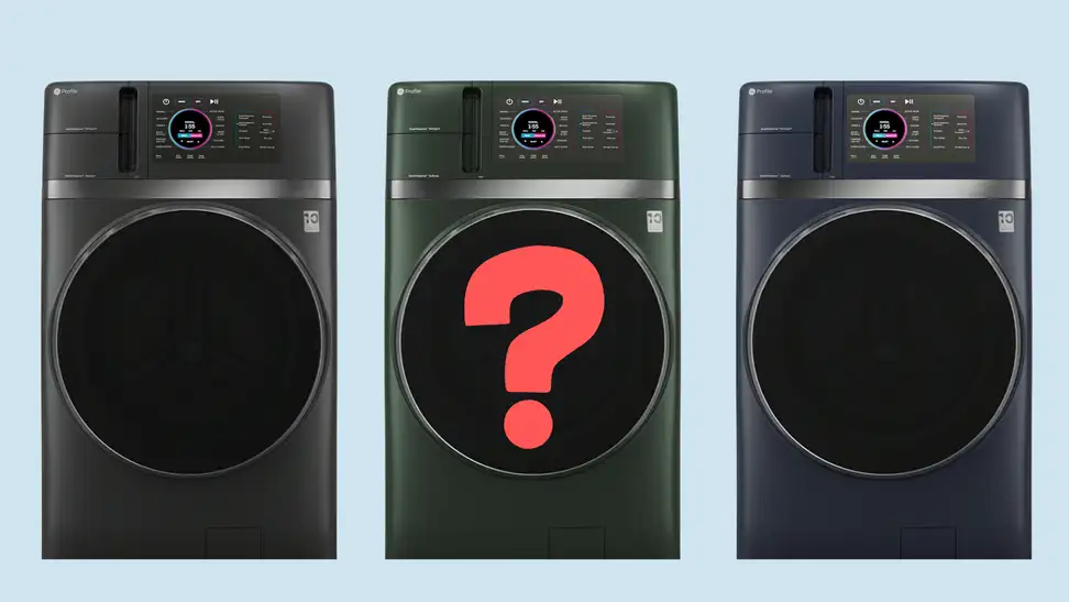 Three washer dryer combos on a blue background with a red question mark