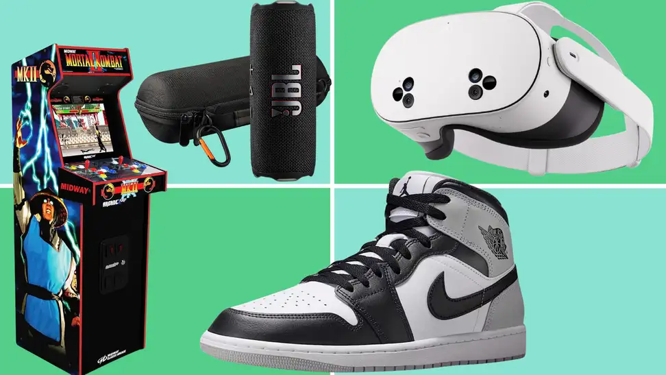 A selection of the best gifts for teen boys, including Nike Jordan shoes, JBL, a Mortal Kombat arcade cabinet, and a meta VR headset on a multicolored background.