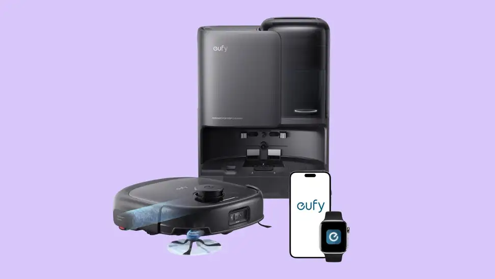 The black eufy E25 robot vacuum and mop and its station on a purple background, with an inset of a phone and smartwatch displaying the eufy app.