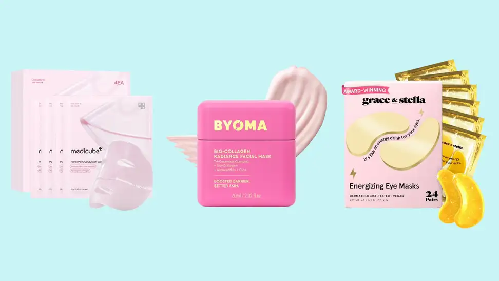 Three packages of skincare face masks and eye masks from medicube, BYOMA, and Stella & Grace against a light turquoise background.