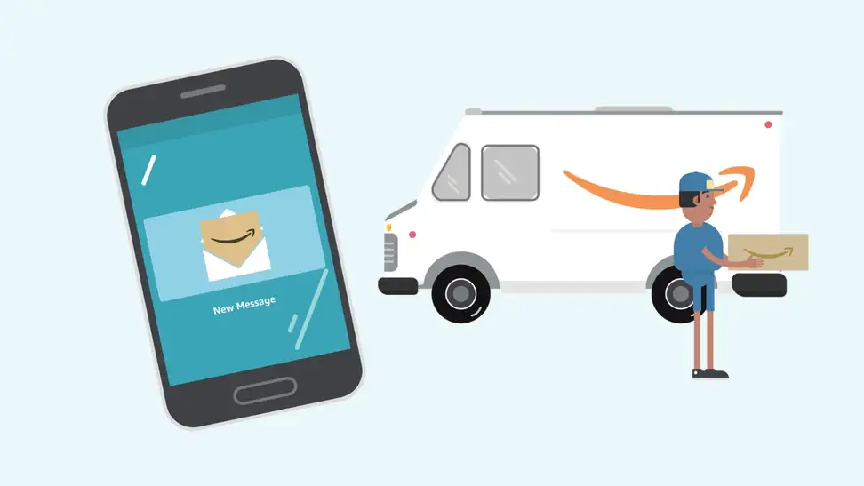 a cartoon of a phone on the left shows an amazon delivery message while the image on the right shows a cartoon delivery truck and amazon delivery driver