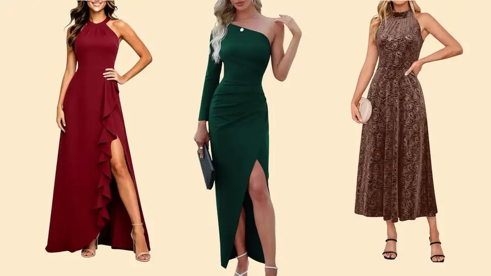 Three silhouettes of women wearing ankle or tea-length format dresses.