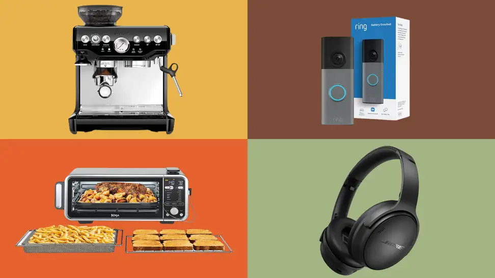 A Breville espresso machine, Ring Battery Doorbell, Ninja Foodi air fry oven, and Bose QuietComfort headphones on colorful backgrounds with a Prime Big Deal Days Reviewed badge.