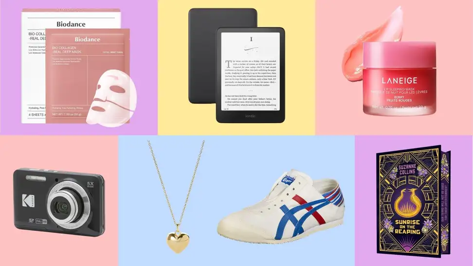 Biodance Bio-Collagen Real Deep Mask, Amazon Kindle Paperwhite, Laneige Lip Sleeping Mask, Kodak PIXPRO FZ55 Digital Camera, Ana Luisa Lev Small Gold Heart Necklace, Onitsuka Tiger Mexico 66, and Sunrise on the Reaping: Collector's Gift Edition on a solid multicolored, tiled background.