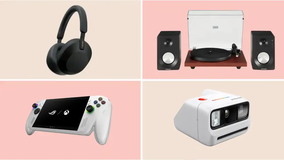 A collage featuring the Sony WH-1000XM5 headphones, Crosley turntable, ASUS ROG Xbox Ally, and the Polaroid Go Gen 3.