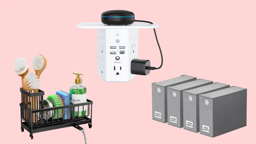 A sink caddy, outlet with shelf, and set of four sheet organizers against a pink background.