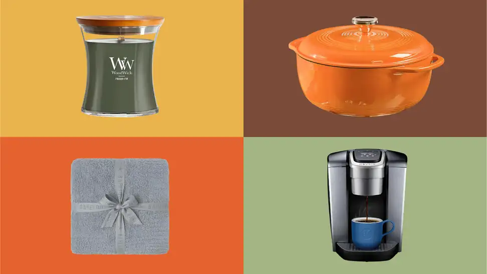 Woodwick candle, Barefoot throw blanket, Lodge cast iron dutch oven, Keurig K-Elite Coffee Maker
