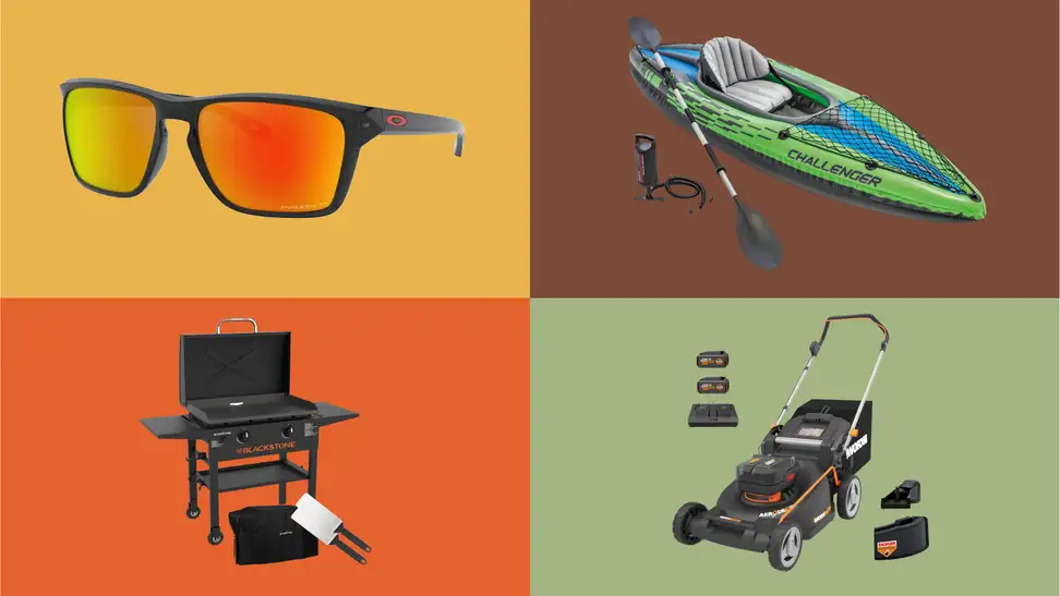 Oakley Prizm Ruby Polarized Sunglasses, Intex Challenger K1 Inflatable Kayak Set, Blackstone 28-Inch Omnivore Griddle with Hood, and Worx 40V Cordless 3-in-1 Lawn Mower.