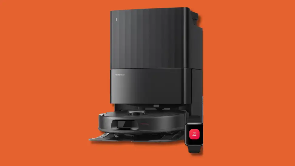 The Roborock Qrevo S Pro robot vacuum and mop with its self-cleaning dock on an orange background.
