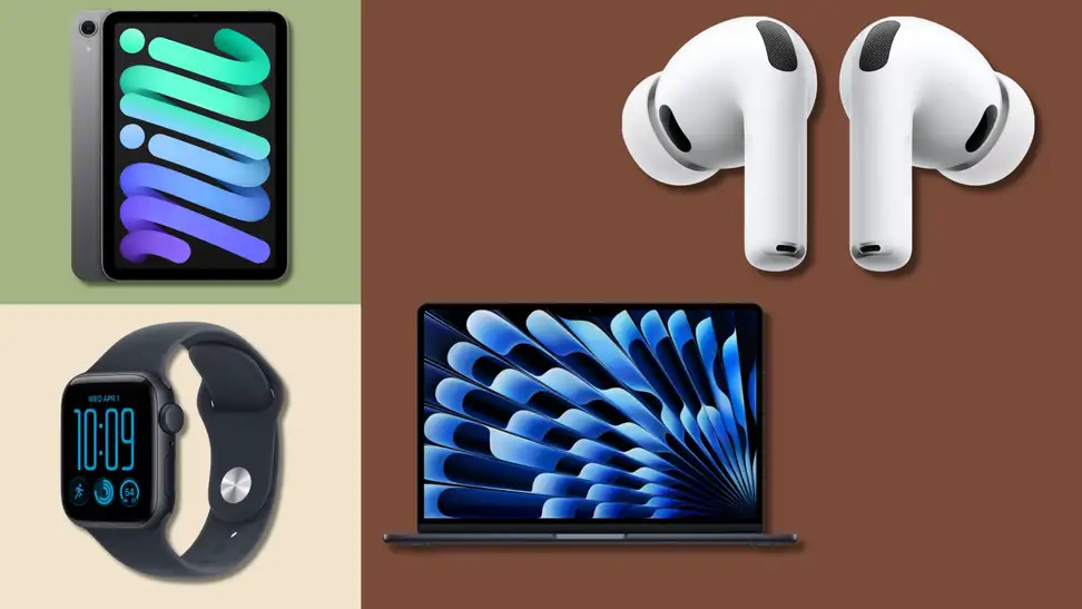 A collage of Apple products including an iPad mini, AirPods Pro, Apple Watch, and MacBook Air on a multicolor background.